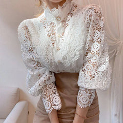 Gorgeous Elegant Women's Vintage White Lace Hollow Out Blouses Shirts