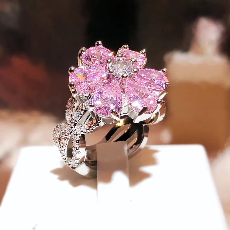 Exquisite 925 Sterling Silver Sparkling Cubic Zirconia Pink Flower Rings for Women