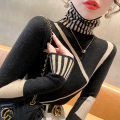 New Gorgeous Luxury Women's Knitted High Neck Striped Turtleneck Sweaters