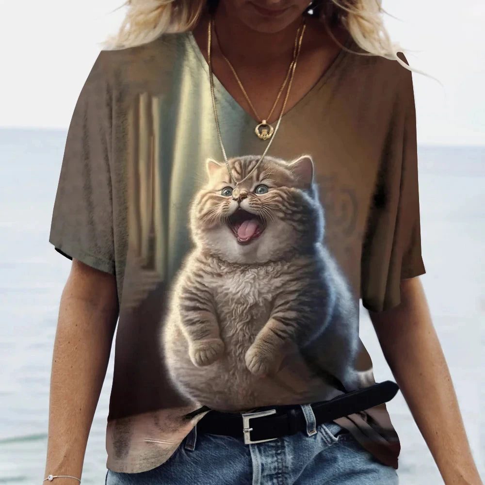 Fashion Cute 3D Cat Printed T-Shirt For Women Summer Casual O-neck Short Sleeve Tops