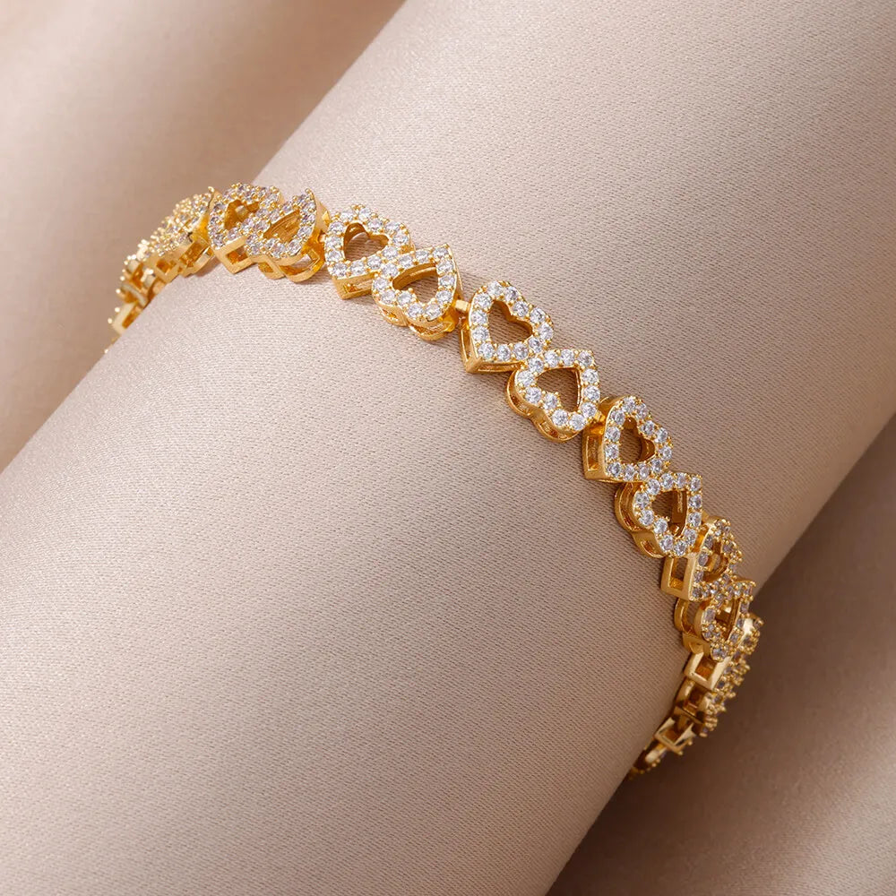 Gorgeous Gold Plated Stainless Steel Heart Zircon Bracelets For Women and Girls