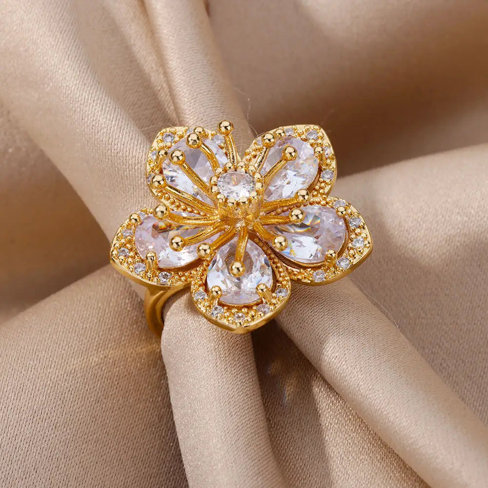 Gorgeous Pink Zircon Flower Rings: Gold Stainless Steel Women's Ring 2024 Trend