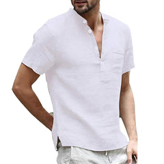 Men Cotton Linen Short Sleeve V-Collar Breathable Casual T-Shirt