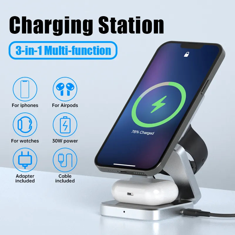 Fast Charger Station Dock 3 In 1 Foldable Magnetic Wireless For iPhone 15, 14, 13 Pro/Max/Plus, AirPods 3/2
