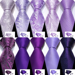 Barry.Wang Silk Paisley Purple Violet Necktie with Pocket Square and Cufflinks Set