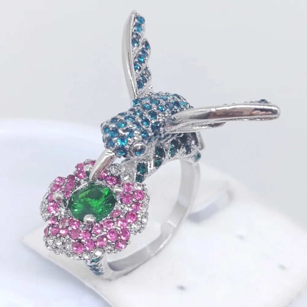 Exquisite Luxury Sparkling Crystal Rhinestones Bird Flower Ring For Women and Girls