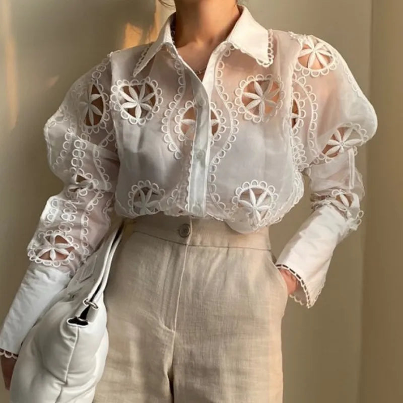 Luxury Sexy White Hollow Floral Embroidery Shirts Blouses