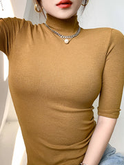 Elegant Women Cotton Short Sleeve Turtleneck Tops