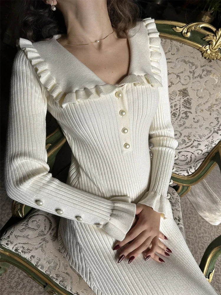 Luxury Fashion Stylish Women's Ruffled Knitted Slim Long Maxi Dress