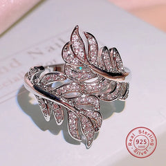 Exquisite Luxury 925 Sterling Silver Sparkling Cubic Zirconia Feather Ring for Women