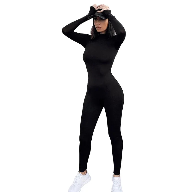 Sexy Women Sportwear Long Sleeve Zipper Elastic Hight Jumpsuit Outfits