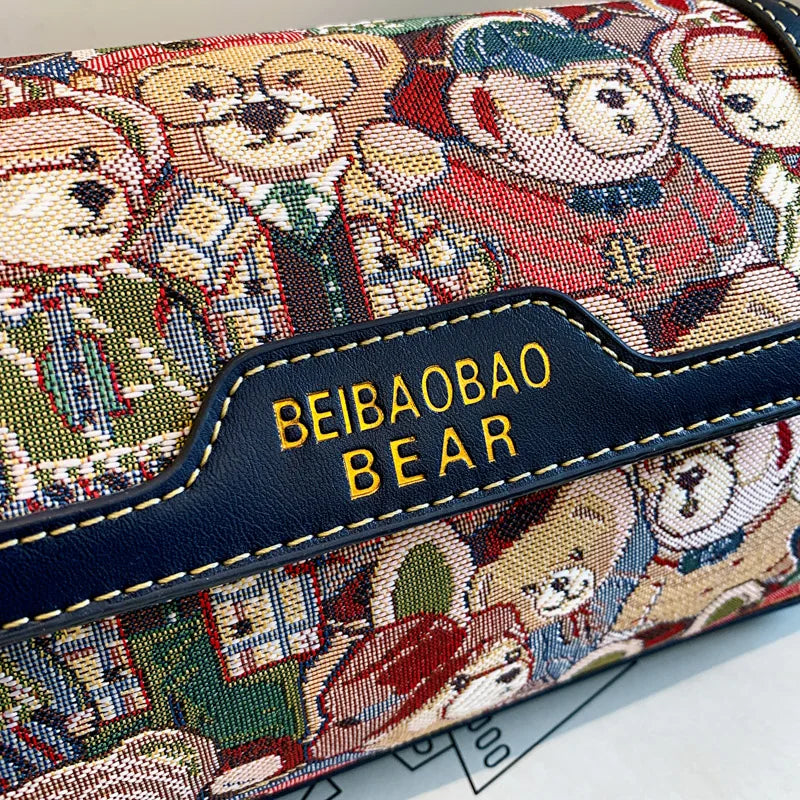Trendy Jacquard Crossbody Bag: Playful Bear Pattern Flap Pocket & Zipper