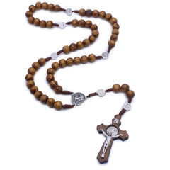Wooden Antique Cross Rosary Jesus Saint Benedict Beaded Pendant Necklaces