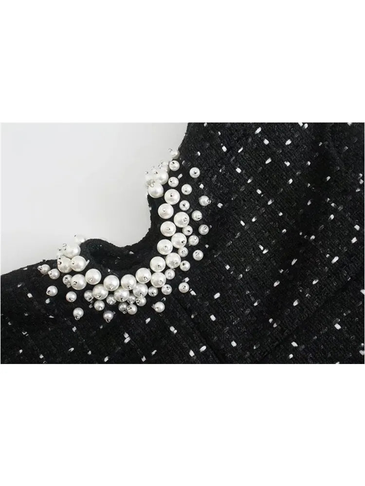 Gorgeous Waist Hollow Out Pearl AppliquesTweed Woolen Slim Mini Dress
