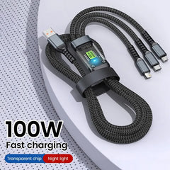 100W 3-in-1 Transparent Luminescent Fast Charging Data Cable for iPhone 14, 13, Samsung, Xiaomi, and Huawei