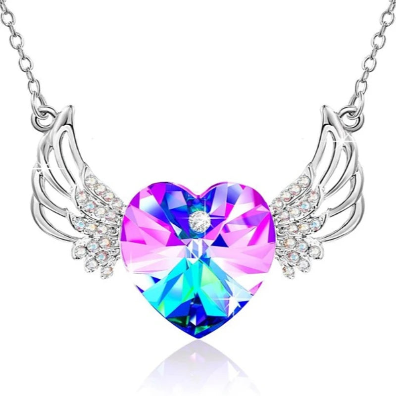 Gorgeous Fashion Creative Angel Wings Heart Crystal Pendant Necklace
