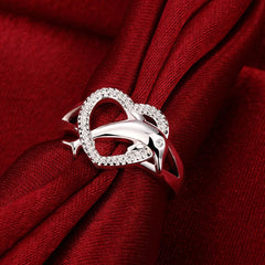 Luxury 925 Sterling Silver Love Dolphins Heart Ring For Women