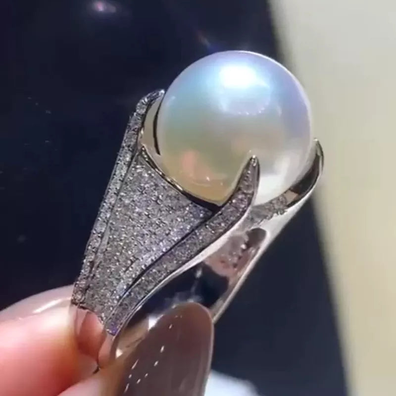 Exquisite Luxury Big Simulated Pearl Sparkling Zirconia Women Ring