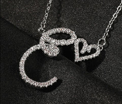 Gorgeous Ice Out Sparking CZ Initial Cursive Letters with Heart Shape Pendant Necklaces