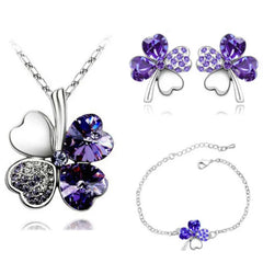 Beautiful Colorful Crystal Clover 4 Leaf Heart Jewelry Sets
