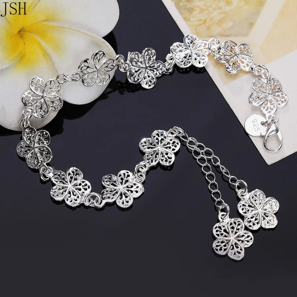 Beautiful 925 Sterling Silver Flowers Bracelet  for Women and Girls