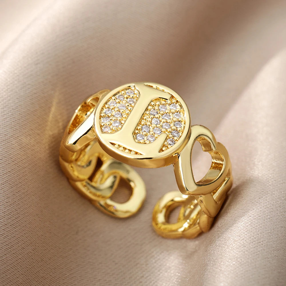 Exquisite Elegant Stainless Steel Gold Zircon Initial Letter Heart Rings