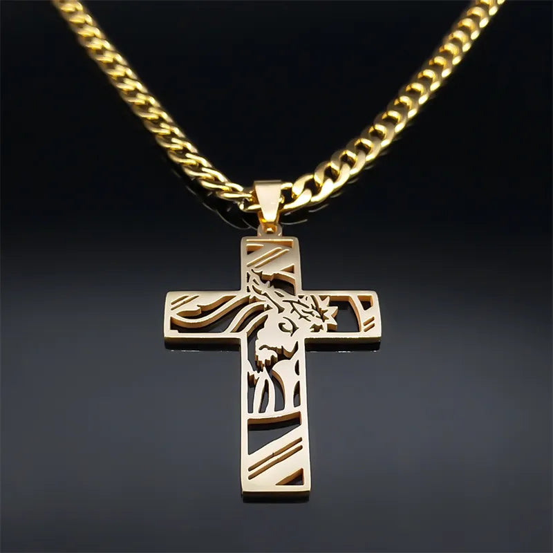 Gold Plated Stainless Steel Crown of Thorns Jesus Cross Necklace for Men