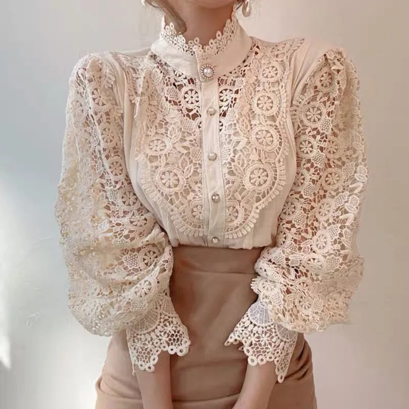 Elegant Women's Floral Embroidery Lace Shirts Blouses