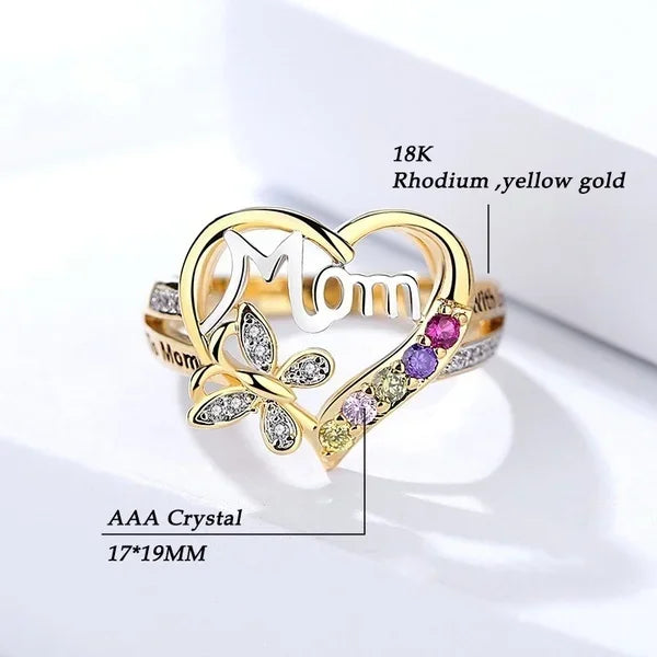 Gorgeous Gold Plated Heart Shaped CZ Love Mom Ring for Mother's Day.