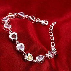 Elegant 925 Sterling Colorful Hearts Charms Bracelet for Women and Girls