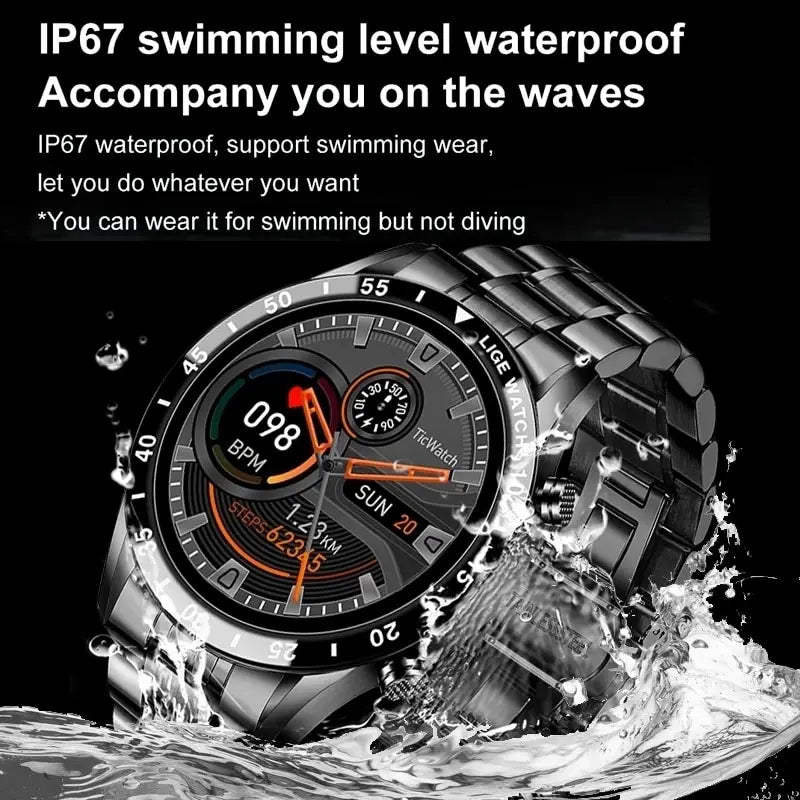 Luxury LIGE Sports Smartwatch OLED Full Circle Touch Screen Bluetooth Call IP67 Waterproof for iOS Android