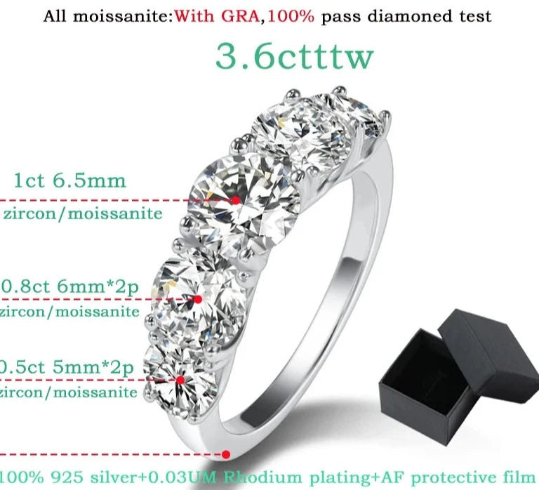 Sparkling 3.6CT VVS1/D Five Stones Moissanite Rings | GRA Certificate