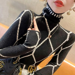 Gorgeous Luxury Women's Knitted High Neck Striped Slim Turtleneck Sweaters