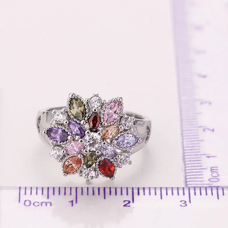 Gorgeous 925 Sterling Silver Colorful Cubic Zirconia Unique Flower Design Rings