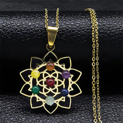 Gorgeous Stainless Steel Geometry 7 Chakra Metatron Heart Necklace Flower of Life Opal Stone Reiki Healing Pendant Necklace