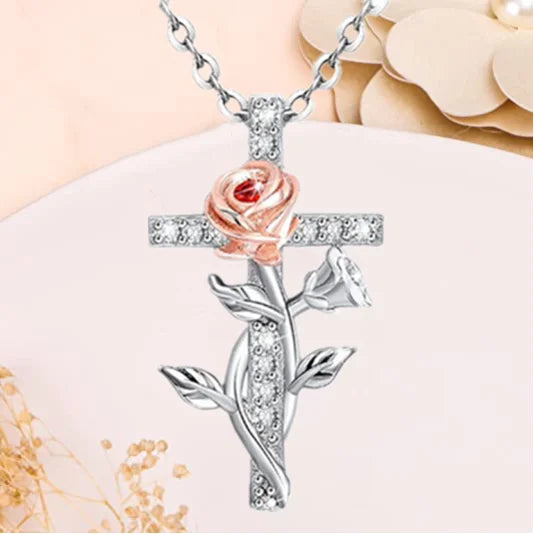 Gorgeous Gold Plated Rose Flower CZ Cross Necklace Pendant Necklace