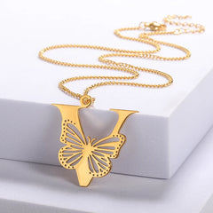 Gorgeous Luxury Stainless Steel Dainty Big Butterfly Initial Letters Pendant Necklaces