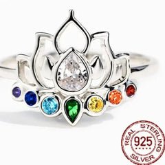 Exquisite 925 Sterling Silver Colorful Zircon Lotus Flower Boho Rings