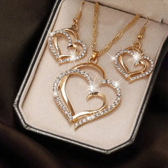 Exquisite Fashion Dazzling Romantic Rhinestone Double Heart Shaped Jewelry Set