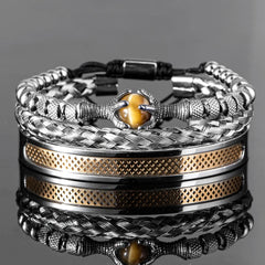 Luxury Set Stainless Steel Handmade Rope Bangles with Tigereye Natural Stone Bracelet for Men