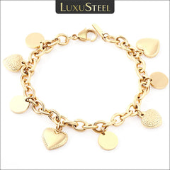 Luxury Stainless Steel Heart Coin Charm Bracelet for Women and Girls