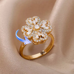 Exquisite Dazzling CZ Lucky Four Clover Rotating Rings Resizable