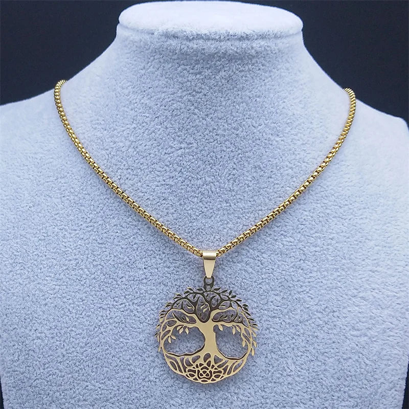 Gorgeous Shiny Stainless Steel Tree of Life Round Necklace