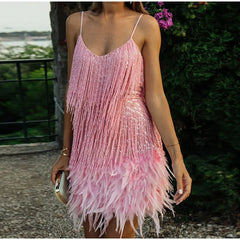 Elegant Sexy Tassel Sequins Feather Mini Dress  Spaghetti Strap Stitching Dresses
