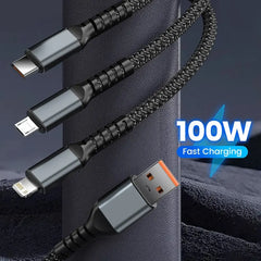 100W 3-in-1 Transparent Luminescent Fast Charging Data Cable for iPhone 14, 13, Samsung, Xiaomi, and Huawei