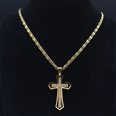 Stainless Steel Catholic Cross Amulet Crystal Pendant Necklace