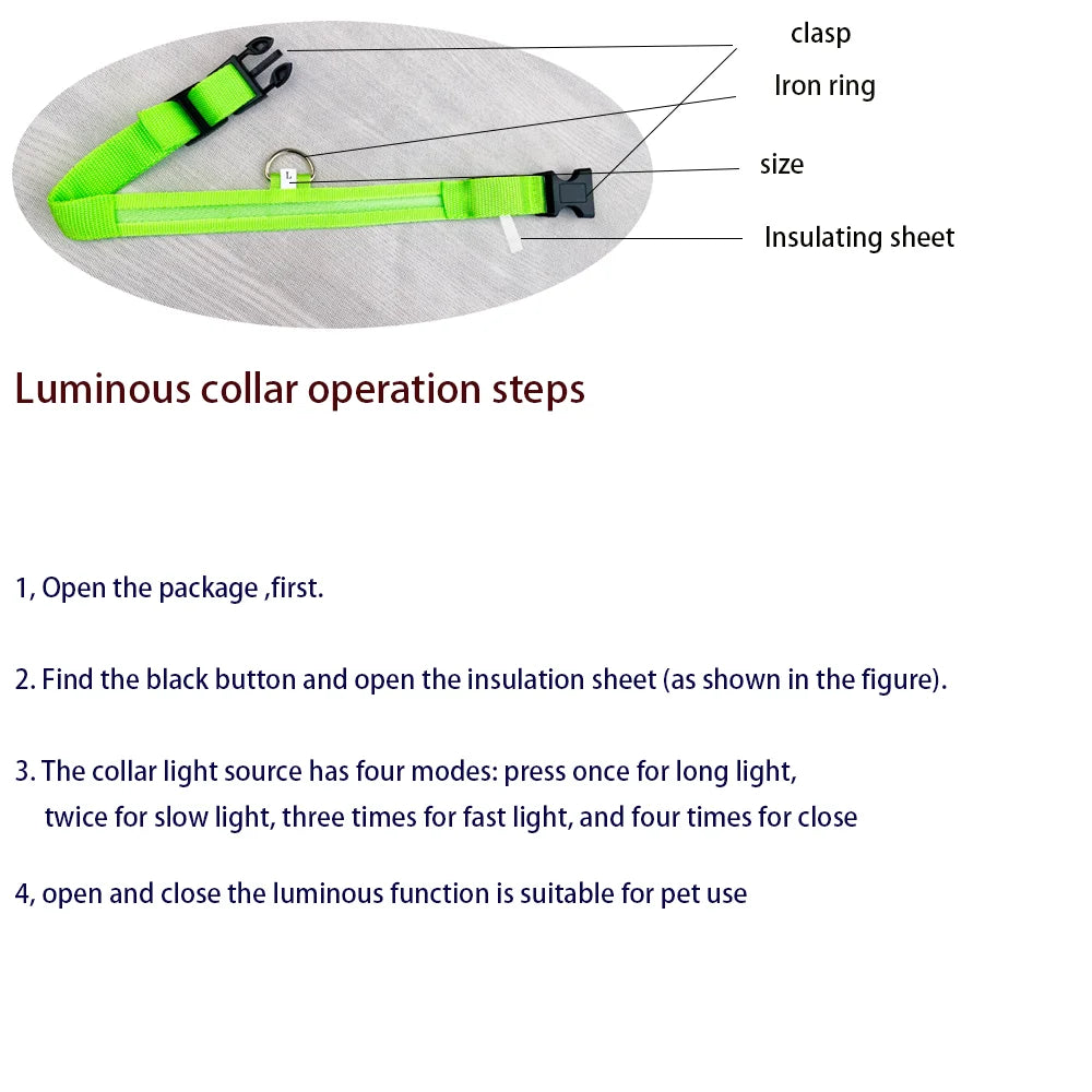 High Quality Luminous Fluorescent LED Night Safety Flashing Glow In The Dark Dog Collars