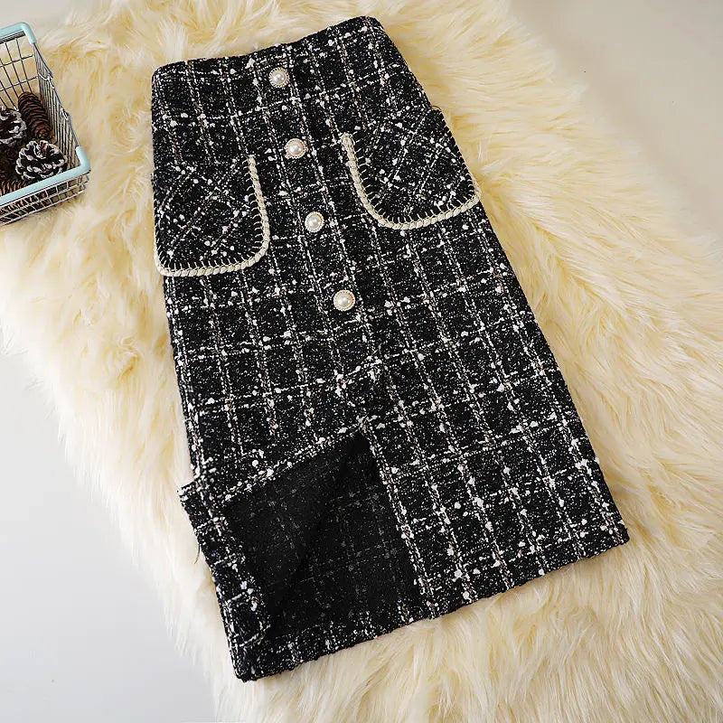 Luxury Wool Plaid Tweed Pearl Button Front Pocket Glitter Skirt for Women and Girls