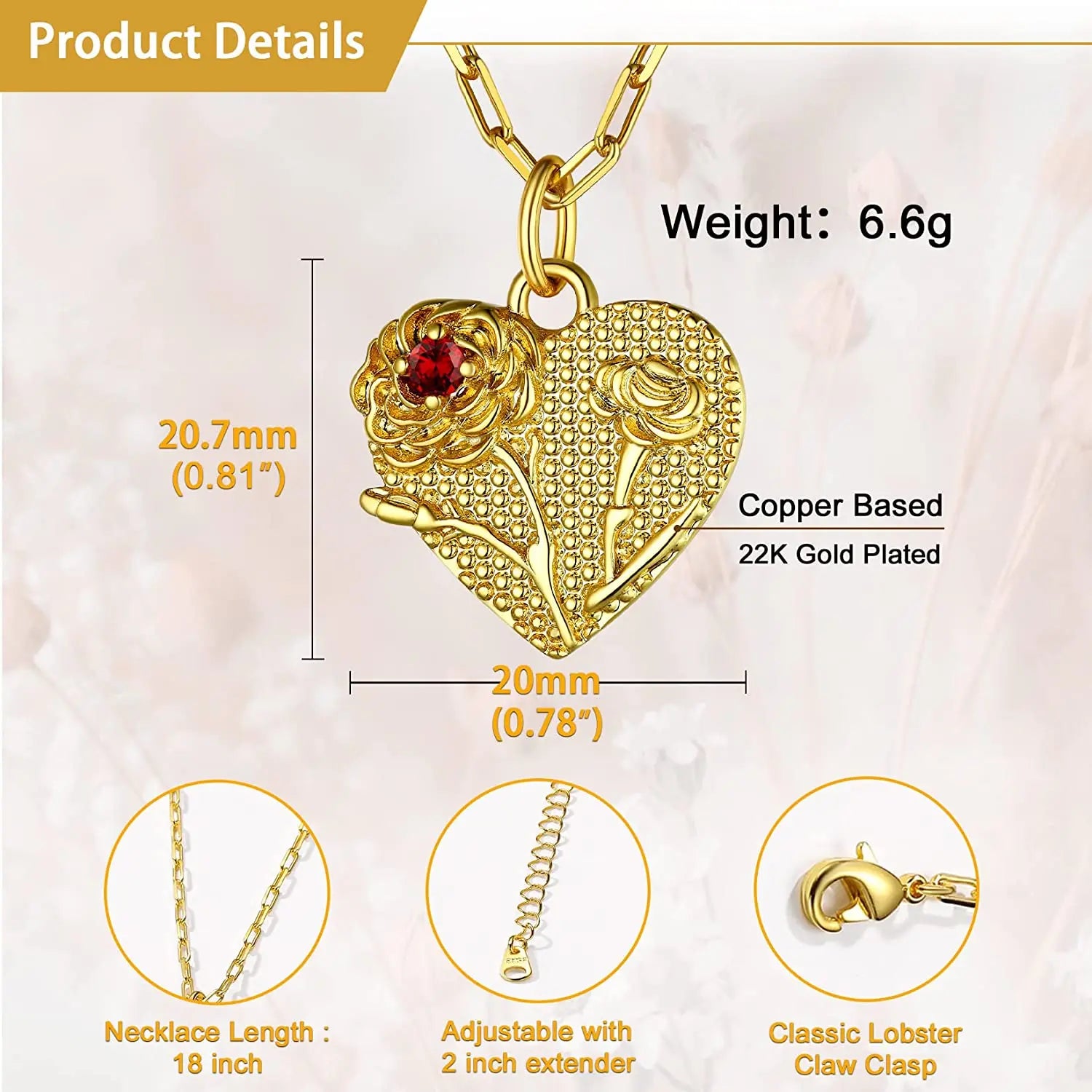 Exquisite 12 Months Birthstone 3D Embossed Rose Heart Flower Shape Necklace for Women and Girls