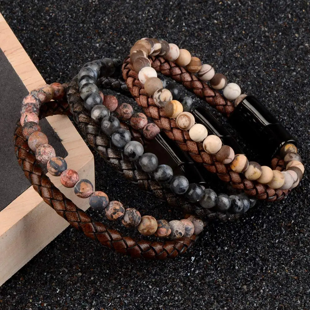 Luxury Stainless Steel Natural Stone Bracelets Genuine Leather Braided Bracelets